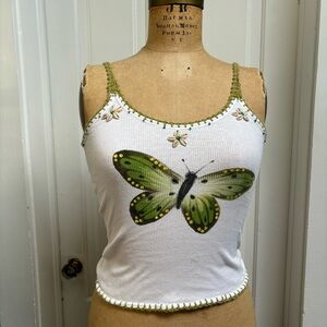 White Green Butterfly Graphic Cropped Camisole With Shell Beads And Crochet Trim